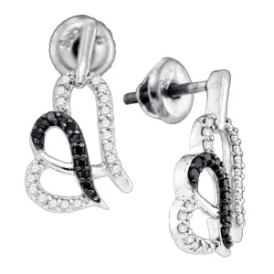 0.25cttw Black Diamond Double Heart Stud Earrings 10k White Gold Screw Back