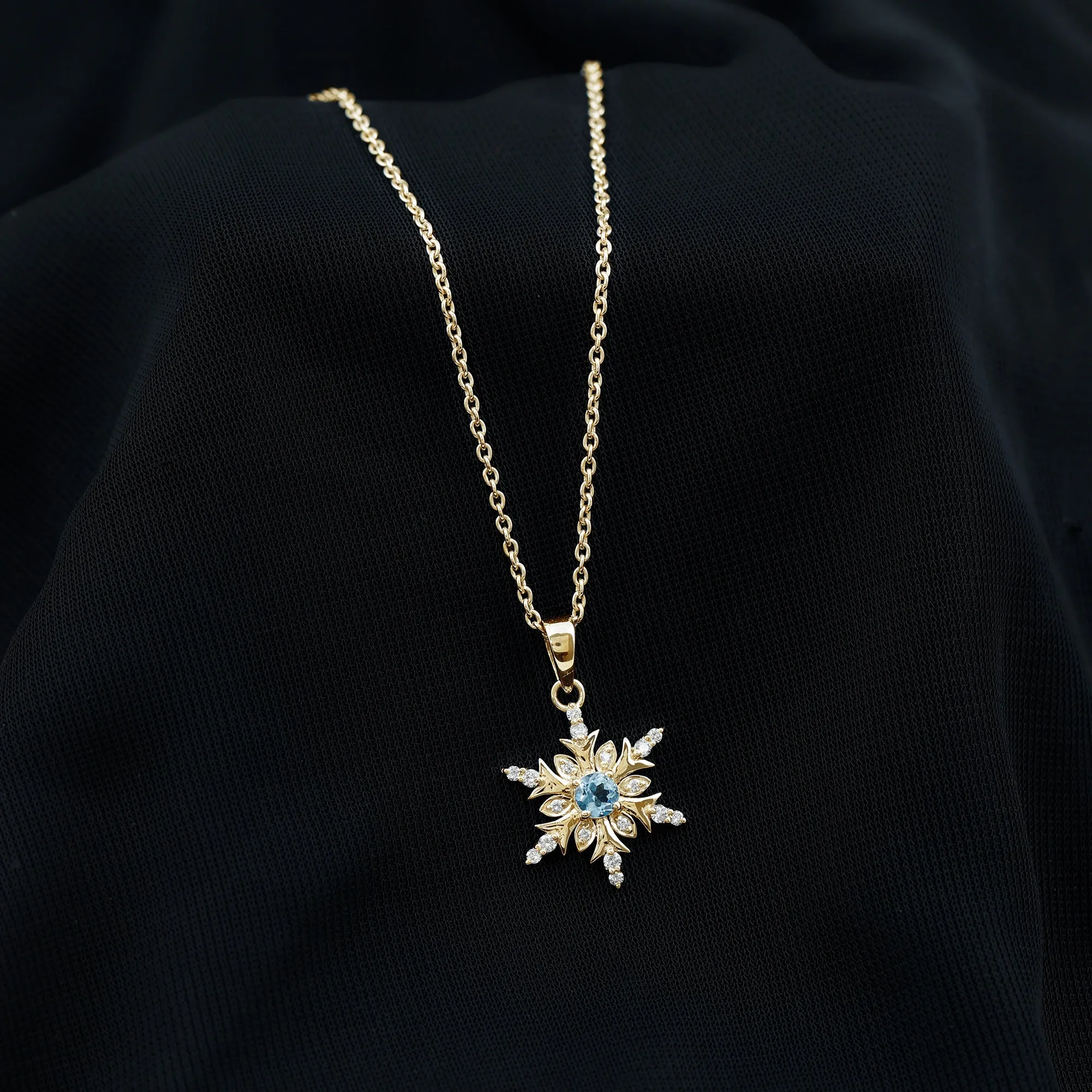 0.50 CT Aquamarine Designer Snowflake Pendant with Diamond in Gold