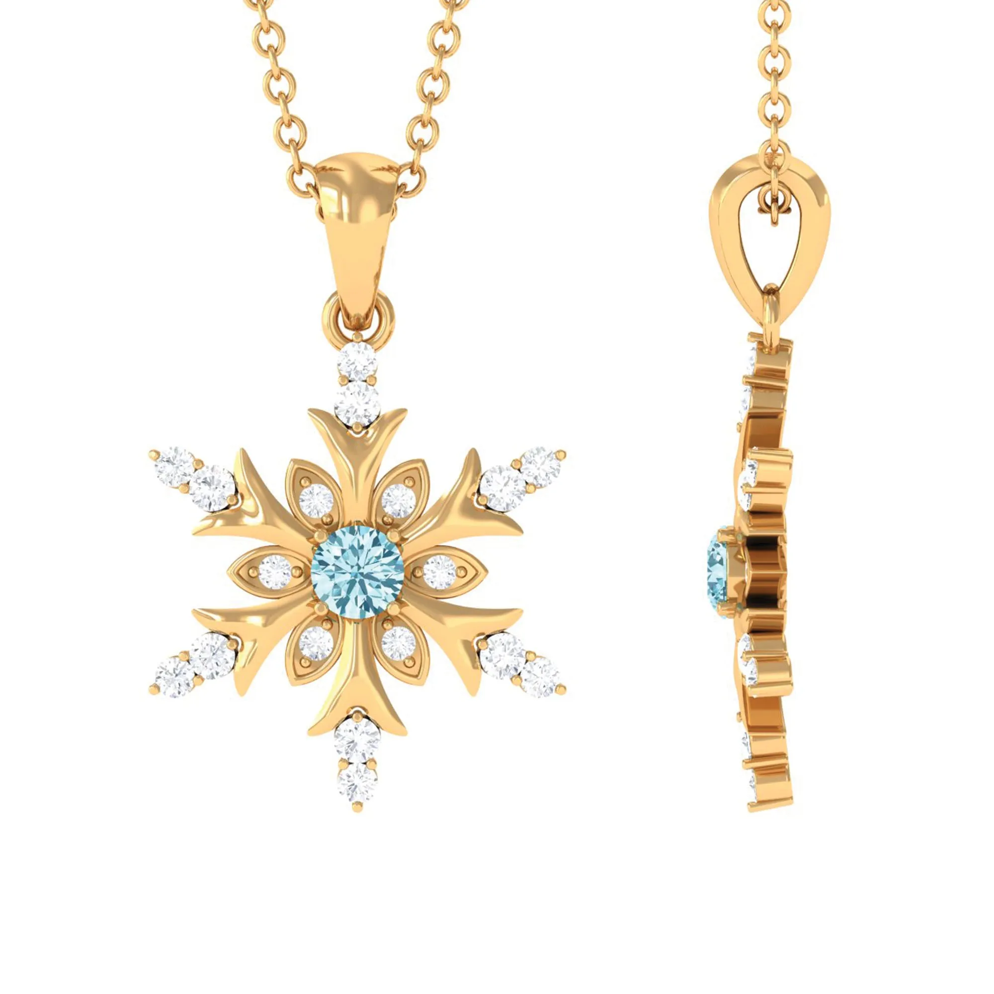 0.50 CT Aquamarine Designer Snowflake Pendant with Diamond in Gold