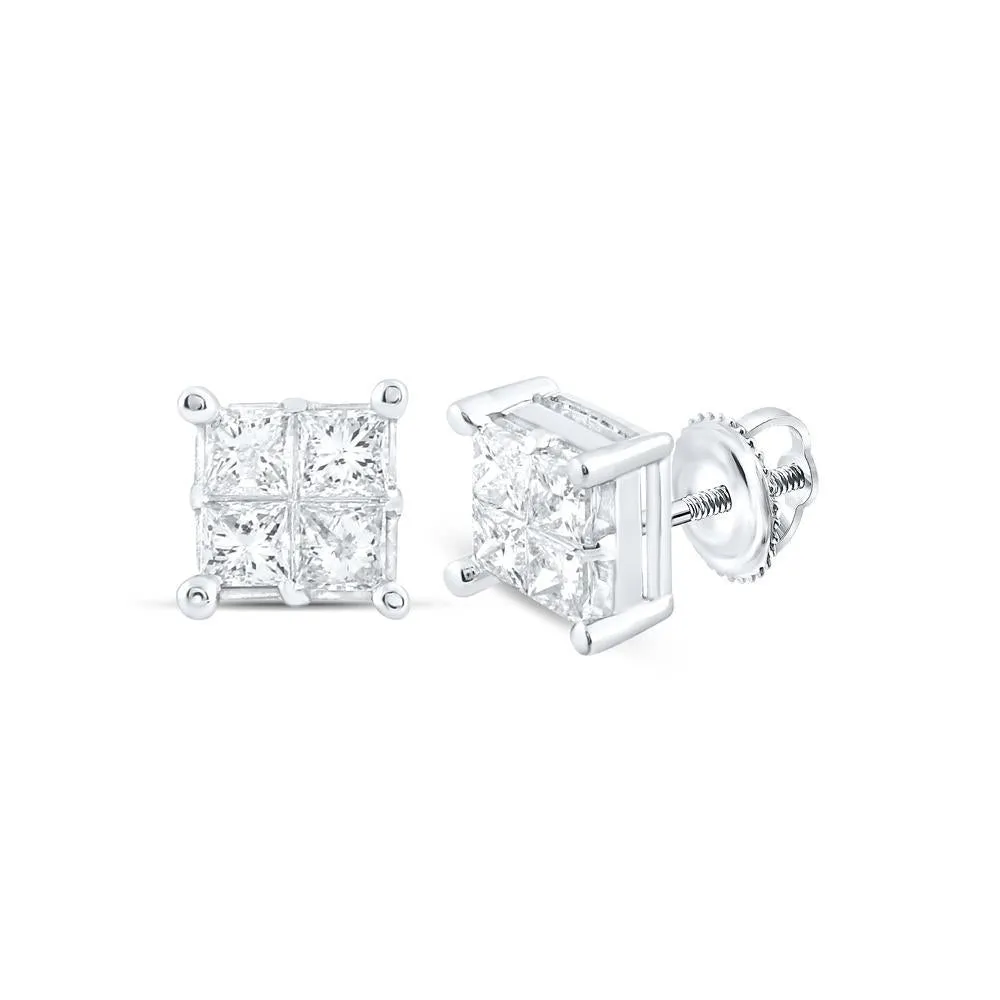 1 cttw Princess Diamond Square Cluster Stud Earrings 14k White Gold Screw Back