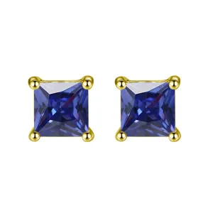 10k Yellow Gold Plated 4 Carat Square Created Blue Sapphire Stud Earrings