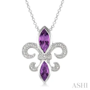 10x5 & 8x4  MM marquise cut Amethyst and 1/50 Ctw Single Cut Diamond Fleur De Lis Pendant in Sterling Silver with Chain