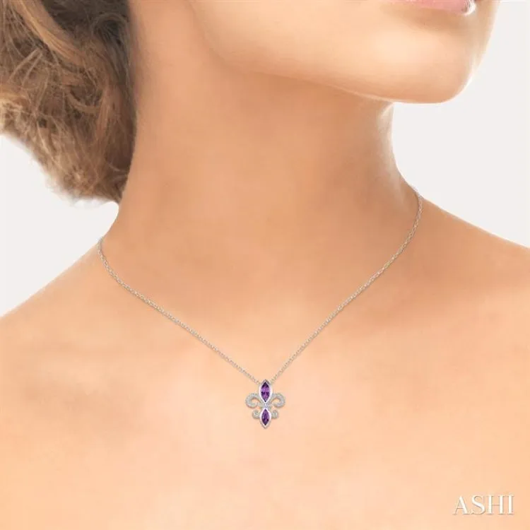 10x5 & 8x4  MM marquise cut Amethyst and 1/50 Ctw Single Cut Diamond Fleur De Lis Pendant in Sterling Silver with Chain