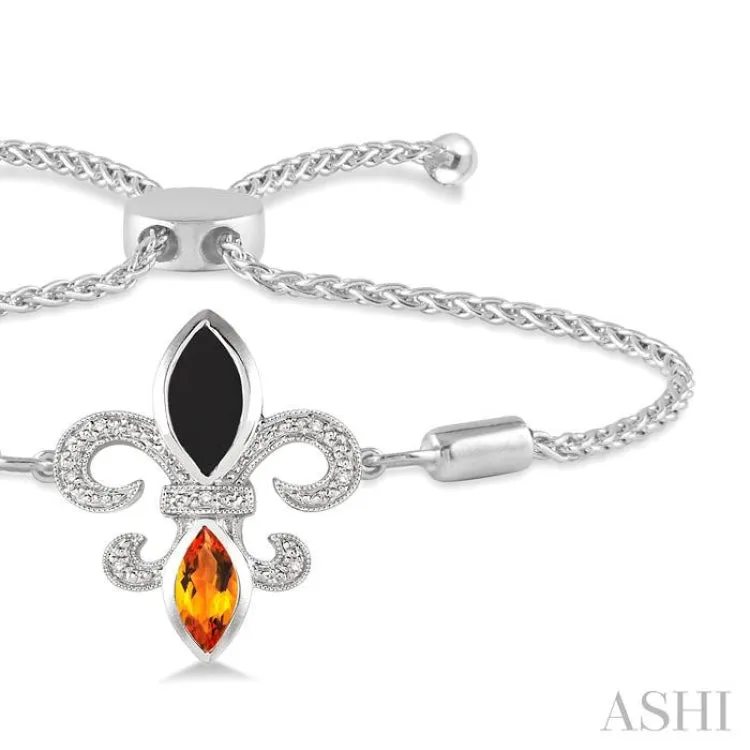 1/20 Ctw Marquise 10x5mm Onyx & 8x4mm Citrine Round Diamond Fleur De Lis Sterling Silver Lariat Bracelet