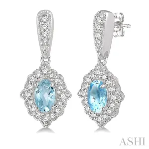 1/4 Ctw Oval Shape 5x3 MM Aquamarine & Round Cut Diamond Semi Precious Earrings in 10K White Gold