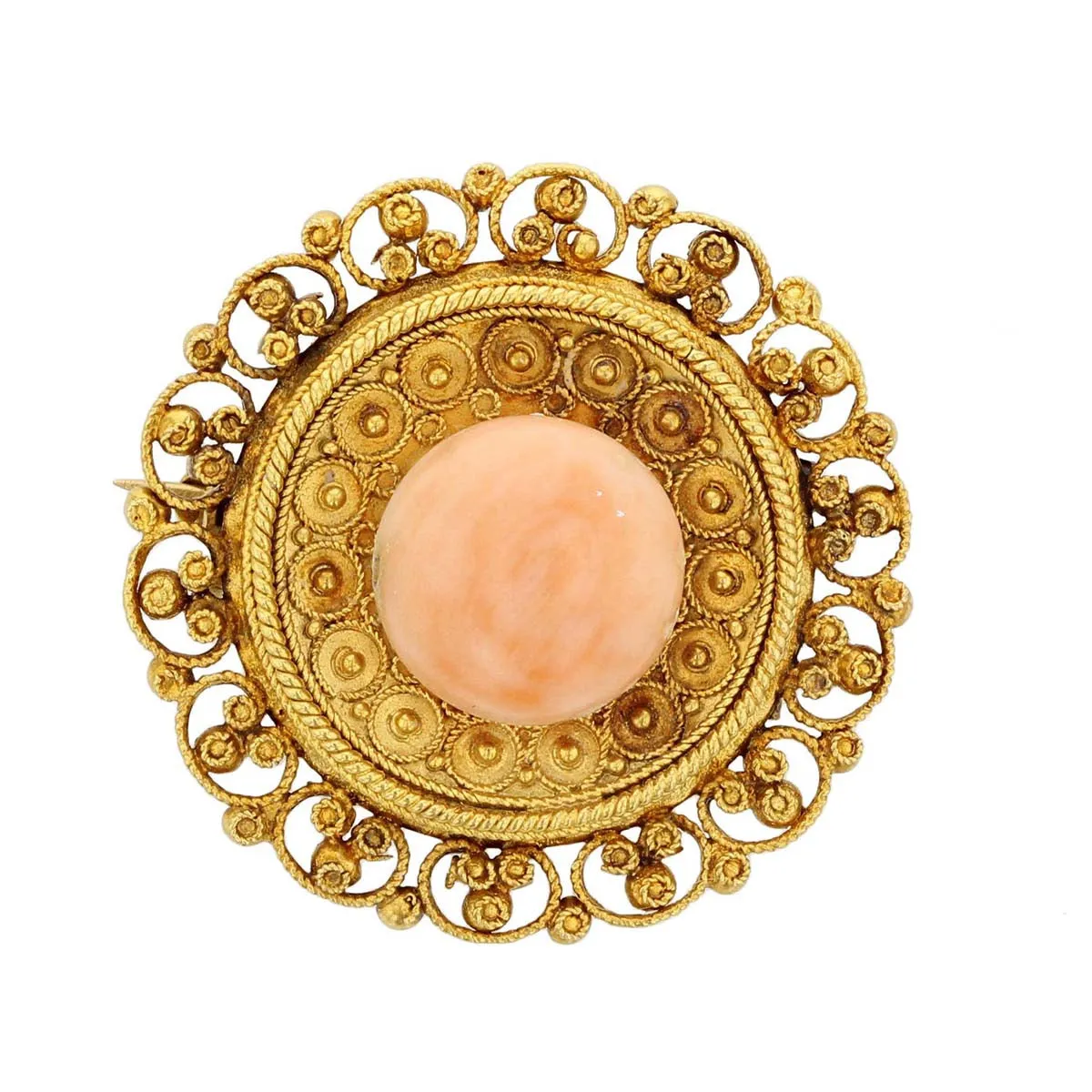 14K Cabochon Coral Filigree Scroll Stem Pin