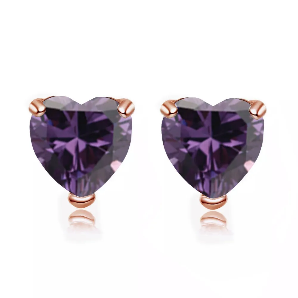 14k Rose Gold Plated 1/2 Carat Heart Created Amethyst Sapphire Stud Earrings