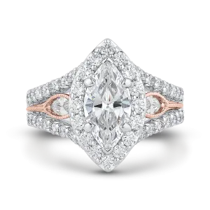 14K Two Tone Gold Marquise Diamond Halo Engagement Ring with Split Shank (Semi Mount)