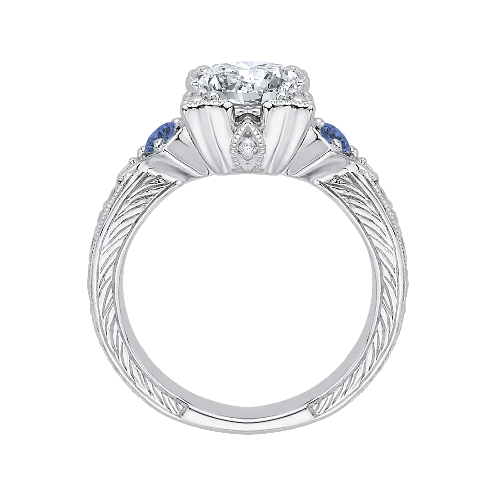 14K White Gold Cushion Cut Diamond Engagement Ring with Sapphire (Semi Mount)