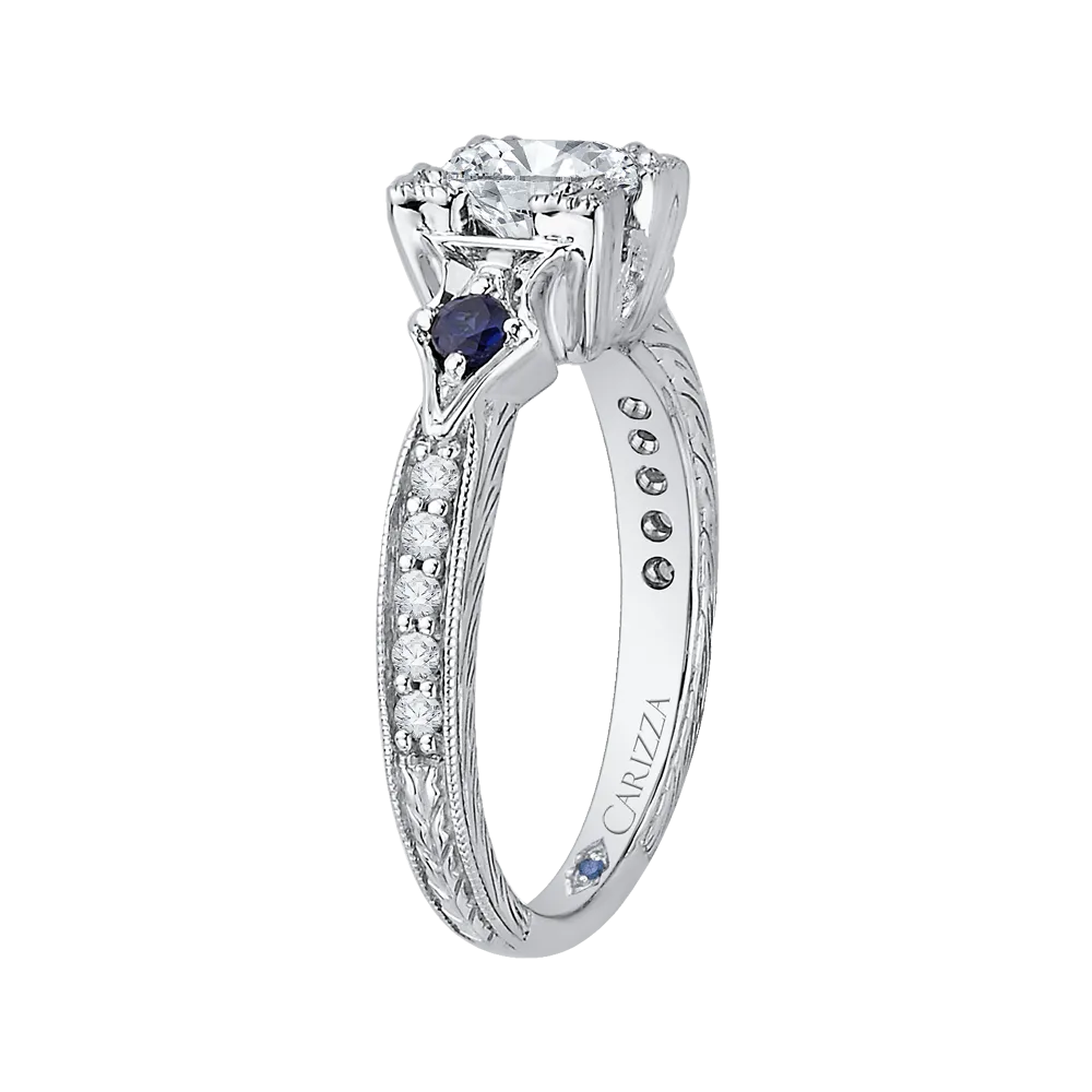 14K White Gold Cushion Cut Diamond Engagement Ring with Sapphire (Semi Mount)