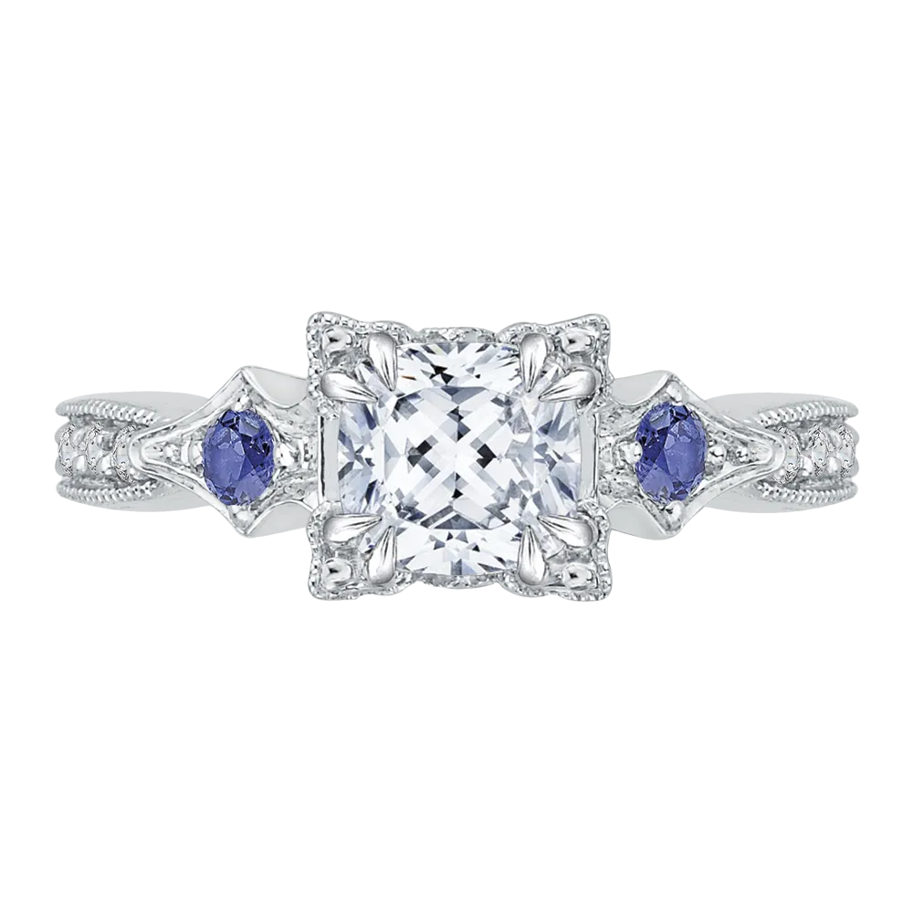 14K White Gold Cushion Cut Diamond Engagement Ring with Sapphire (Semi Mount)