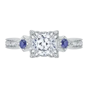 14K White Gold Cushion Cut Diamond Engagement Ring with Sapphire (Semi Mount)