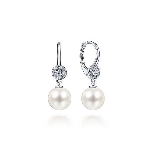 14K White Gold Diamond   Pearl Drop Earrings