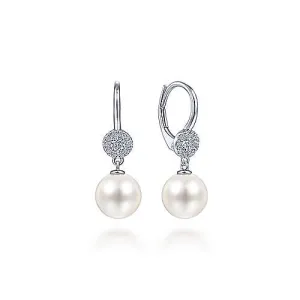 14K White Gold Diamond   Pearl Drop Earrings