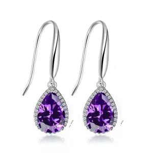 14k White Gold Plated 1/2 Ct Created Amethyst Teardrop Earrings