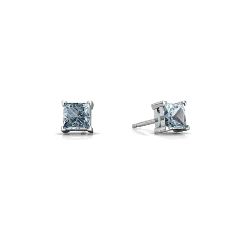 14k White Gold Plated 3 Carat Princess Cut Created Aquamarine Sapphire Stud Earrings