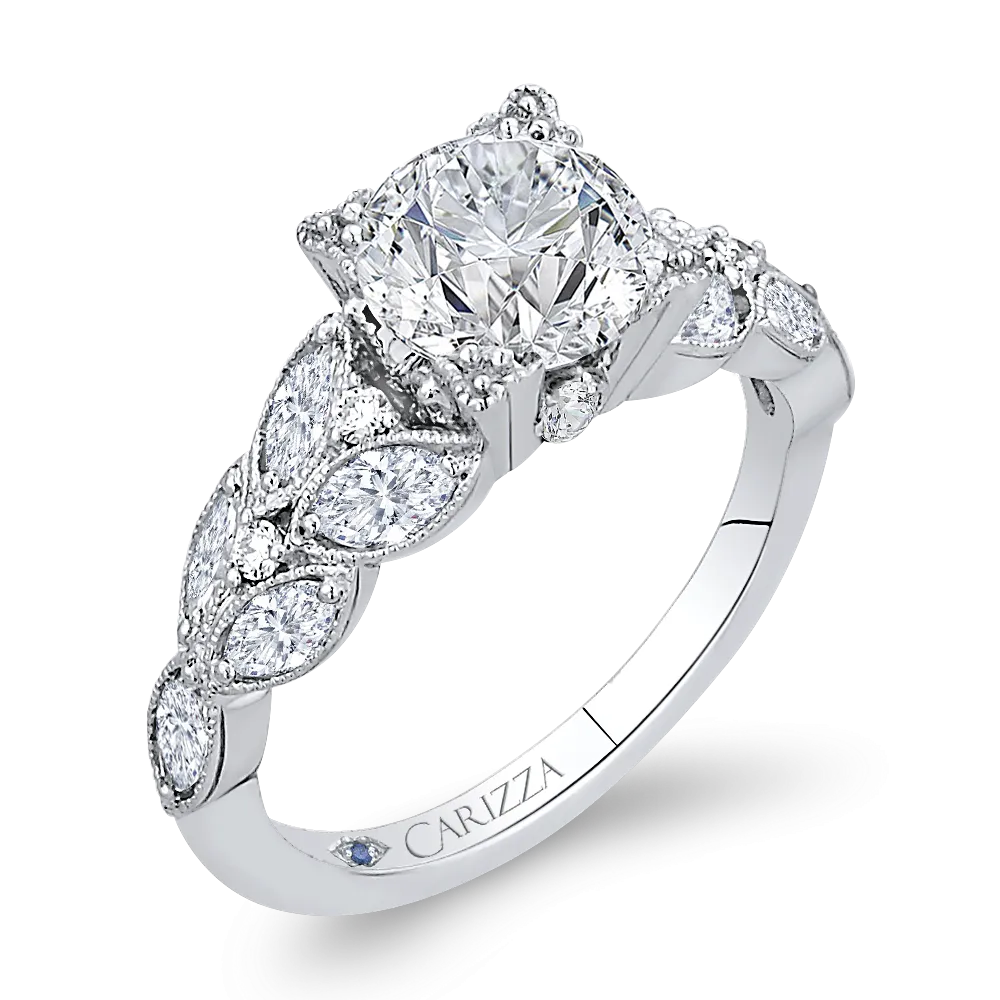 14K White Gold Round Diamond Floral Engagement Ring (Semi Mount)