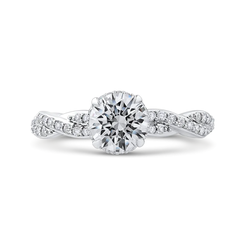 14K White Gold Round Diamond Floral Engagement Ring with Criss Cross Shank (Semi Mount)