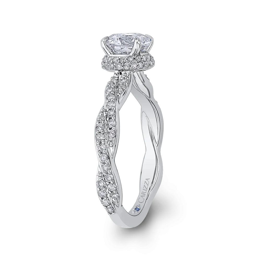 14K White Gold Round Diamond Floral Engagement Ring with Criss Cross Shank (Semi Mount)