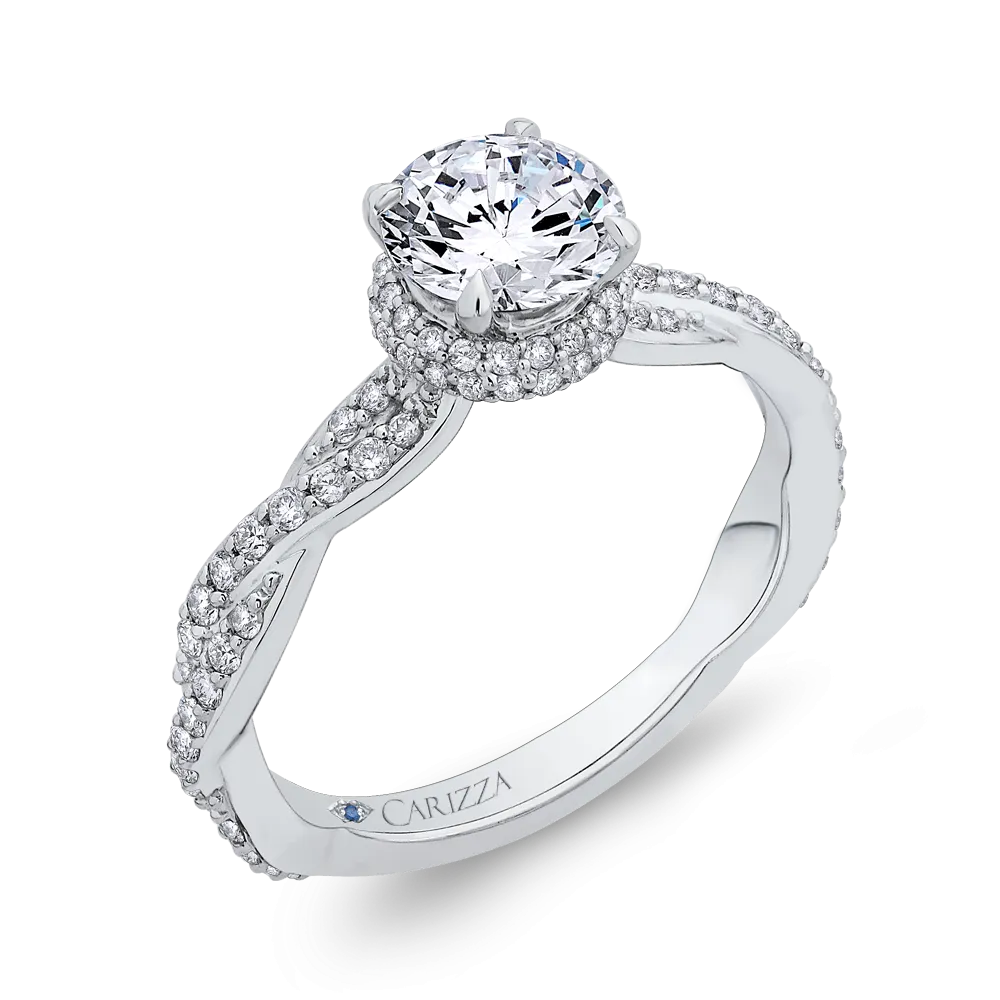 14K White Gold Round Diamond Floral Engagement Ring with Criss Cross Shank (Semi Mount)