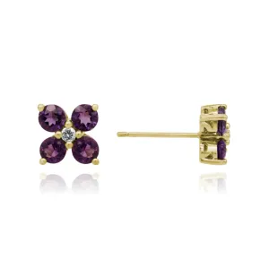 14K YELLOW GOLD AMETHYST DIAMOND FLOWER STUD EARRINGS