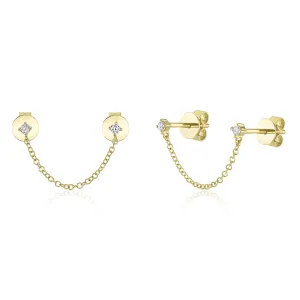 14K Yellow Gold Chain Linked Double Diamond Stud Earrings