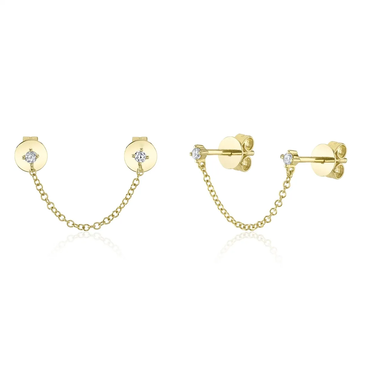 14K Yellow Gold Chain Linked Double Diamond Stud Earrings