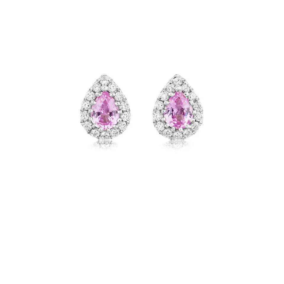 18ct white gold pear shaped pink sapphire and diamond halo claw set stud earrings