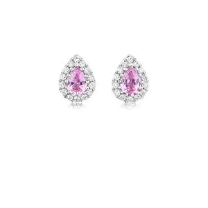 18ct white gold pear shaped pink sapphire and diamond halo claw set stud earrings