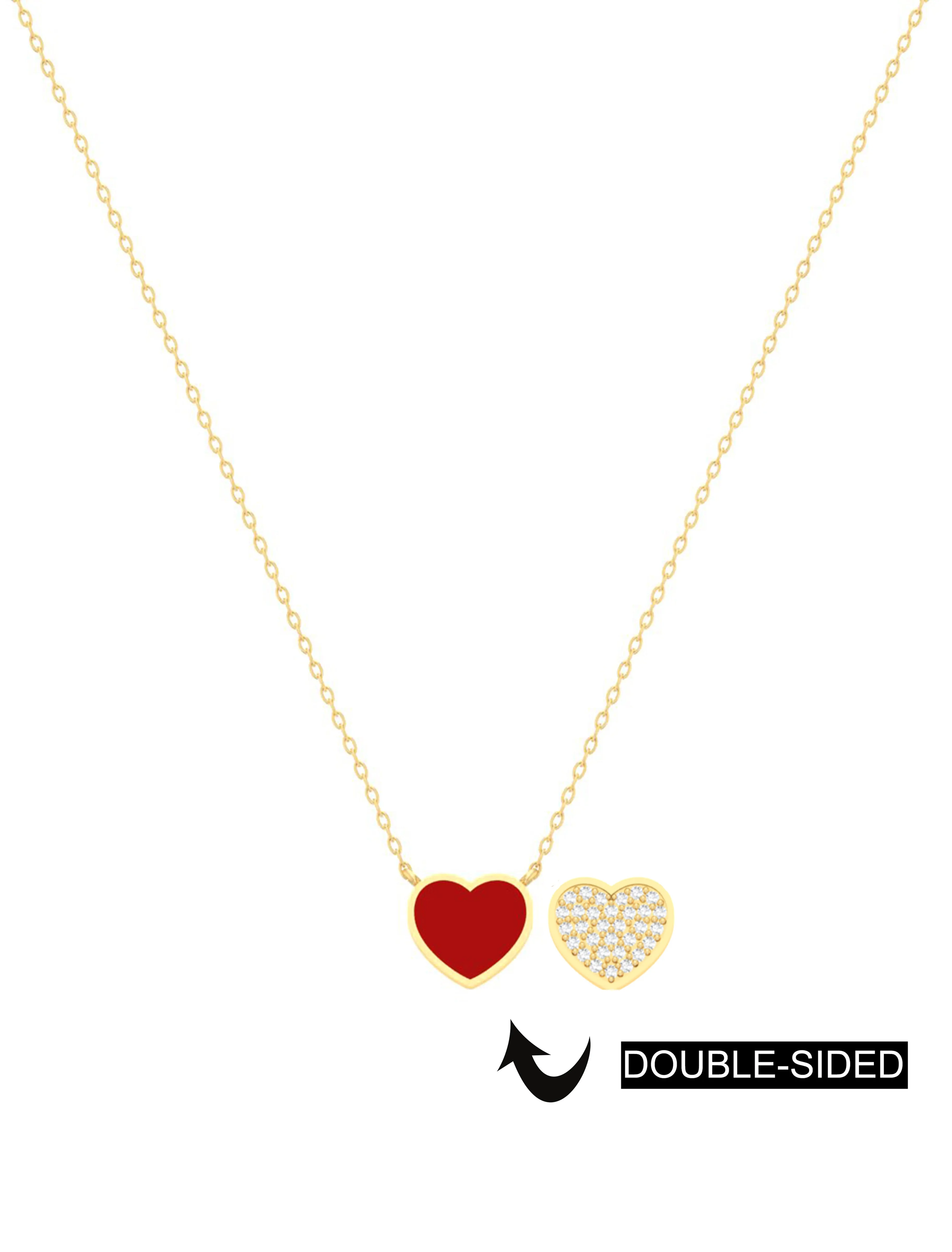 18K Gold Double-Sided Heart Necklace with Enamel & Zircon Gemstones