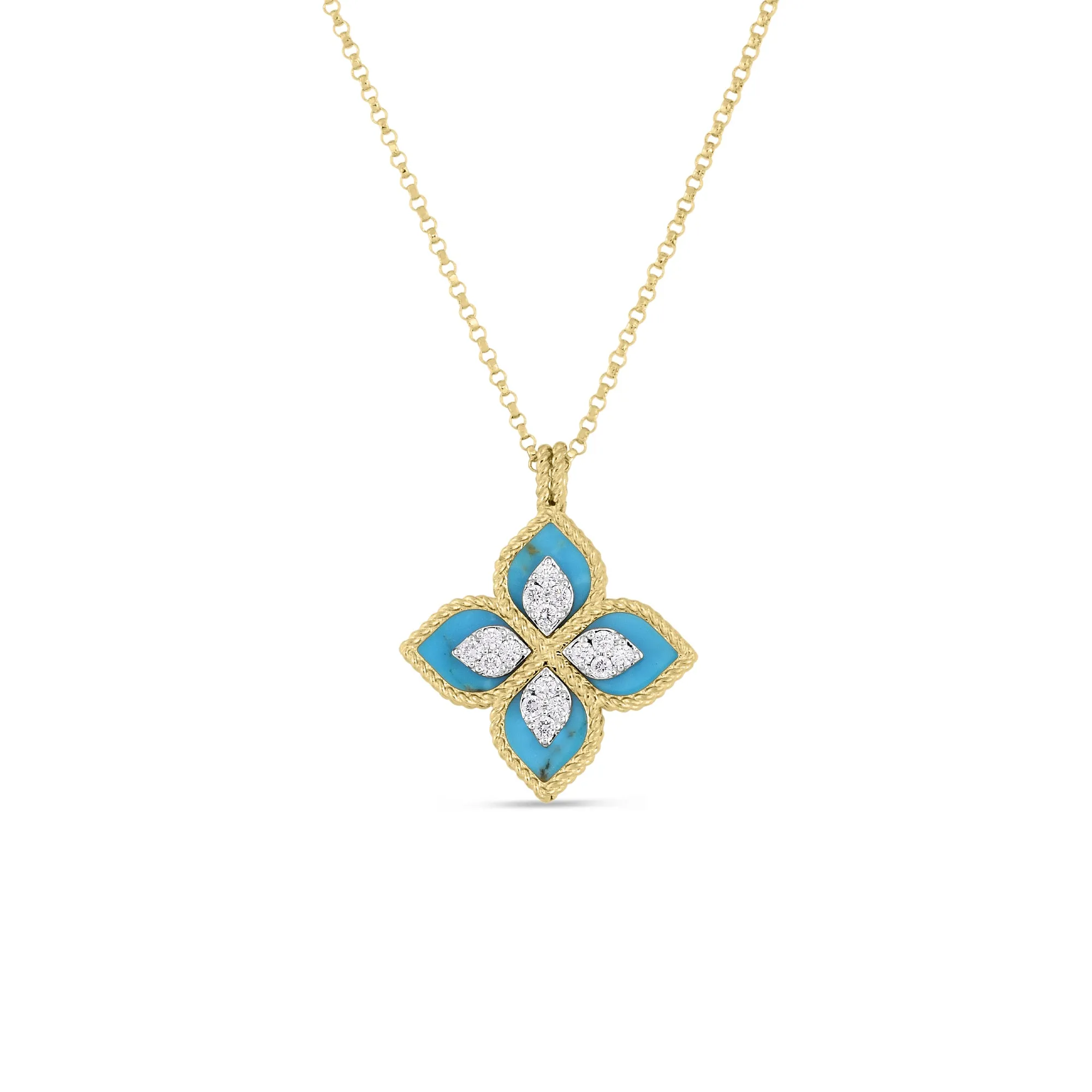 18K GOLD VENETIAN PRINCESS DIAMOND & TURQUOISE FLOWER NECKLACE