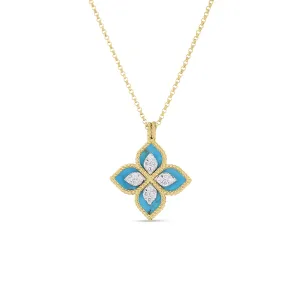 18K GOLD VENETIAN PRINCESS DIAMOND & TURQUOISE FLOWER NECKLACE