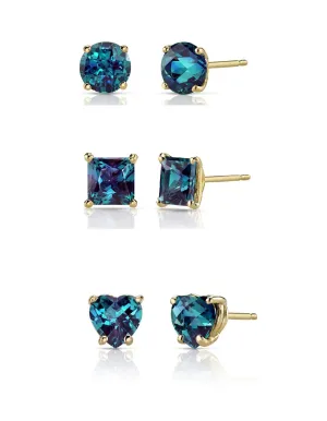 18k Yellow Gold Plated 3Cttw 8mm Created Alexandrite 3 Pair Round, Square and Heart Stud Earrings