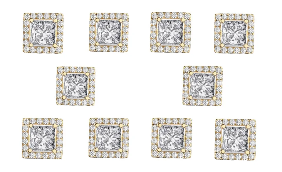 18k Yellow Gold Plated 6mm 2Ct Square Cut White Sapphire Set of Five Halo Stud Earrings