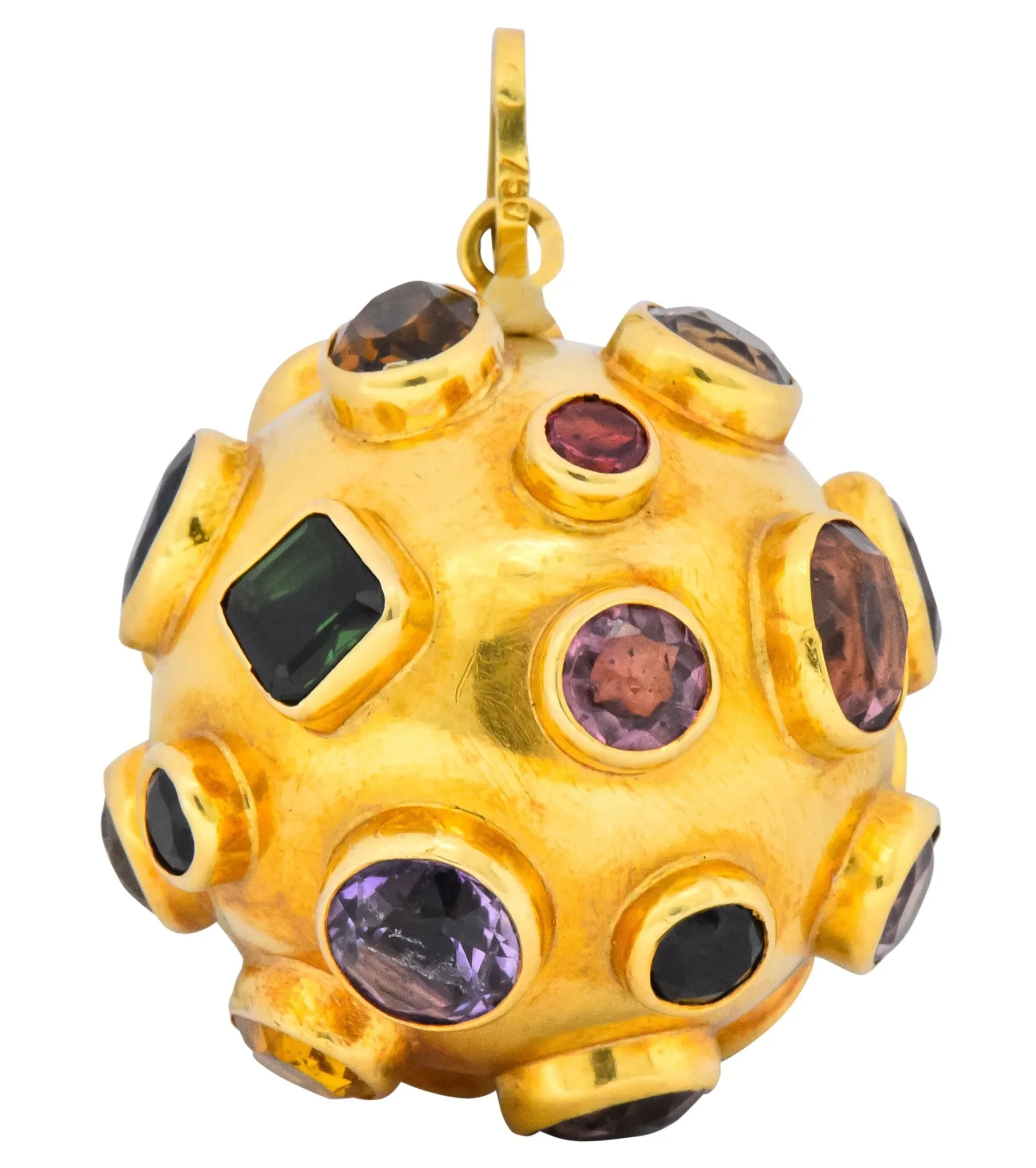 1970's Large Sapphire Topaz Multi Gemstone 18 Karat Gold Sputnik Pendant