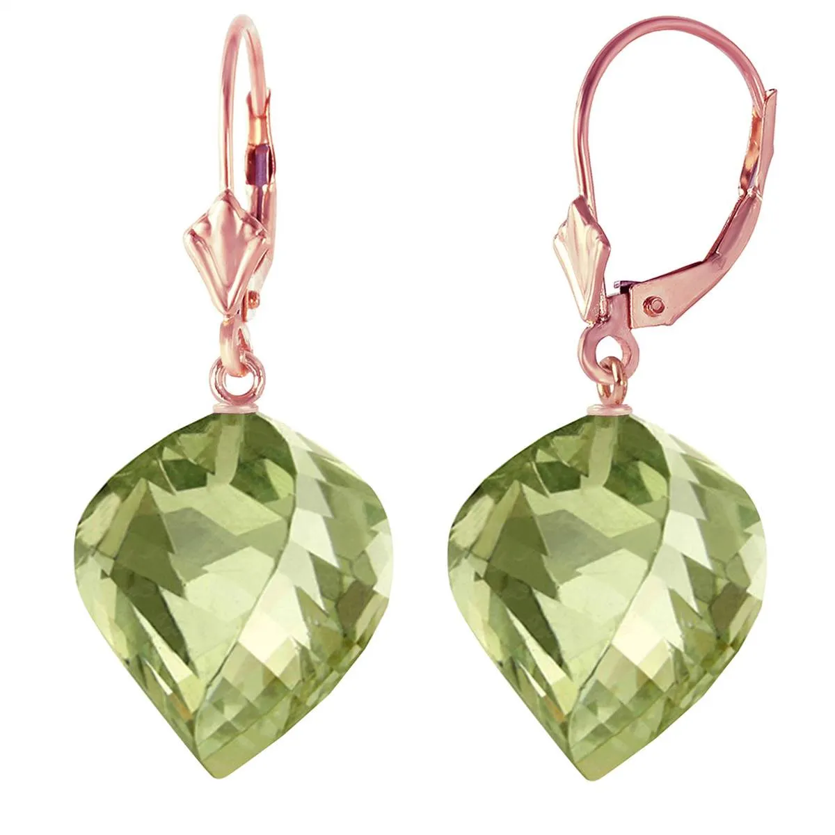 26 Carat 14K Solid Rose Gold Leverback Earrings Twisted Briolette Green Amethyst