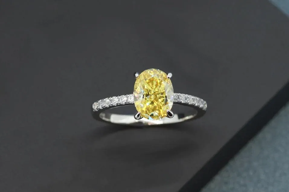 2CT Crushed Ice Oval Cut Yellow Moissanite 9K Solid White Gold Ring