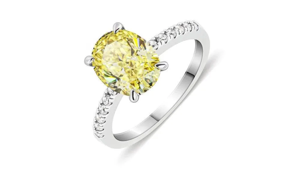 2CT Crushed Ice Oval Cut Yellow Moissanite 9K Solid White Gold Ring