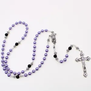 6mm Glass Rosary with Silver Floral Accents - Light Amethyst