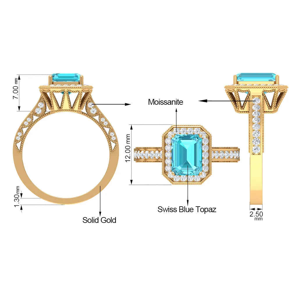 6X8 MM Octagon Cut Swiss Blue Topaz and Moissanite Halo Ring