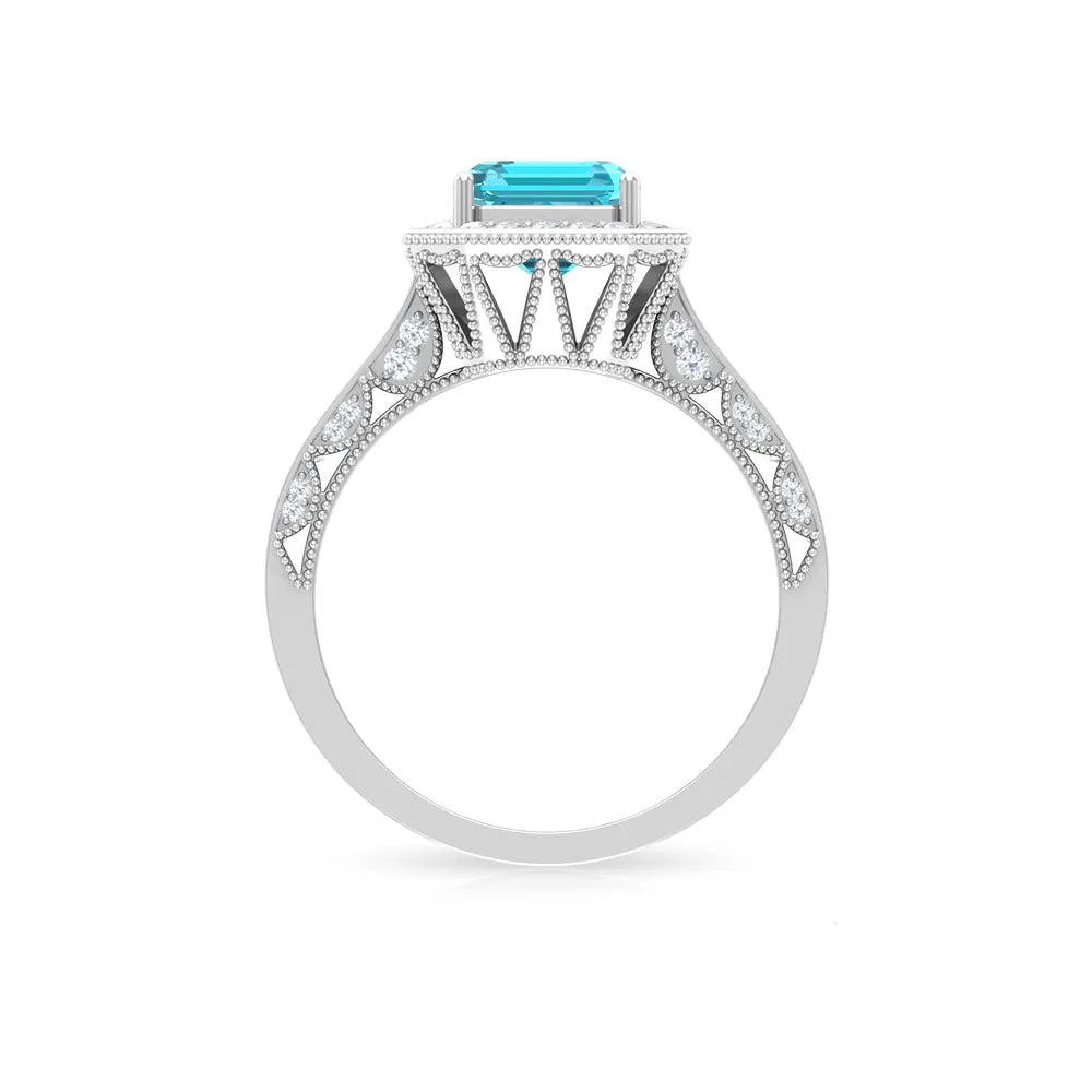 6X8 MM Octagon Cut Swiss Blue Topaz and Moissanite Halo Ring