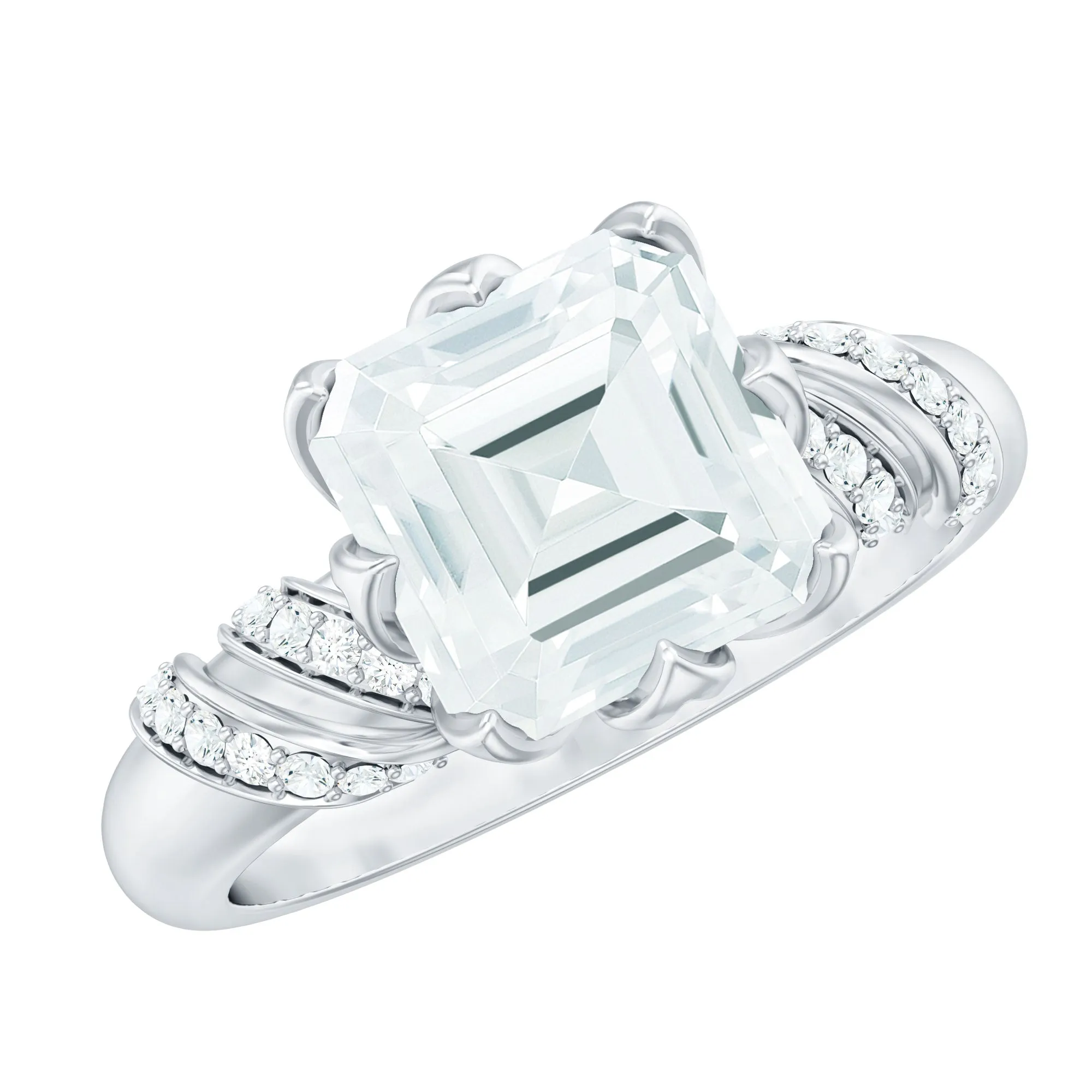 8 MM Asscher Cut Moissanite Solitaire Engagement Ring in Petal Prong Setting