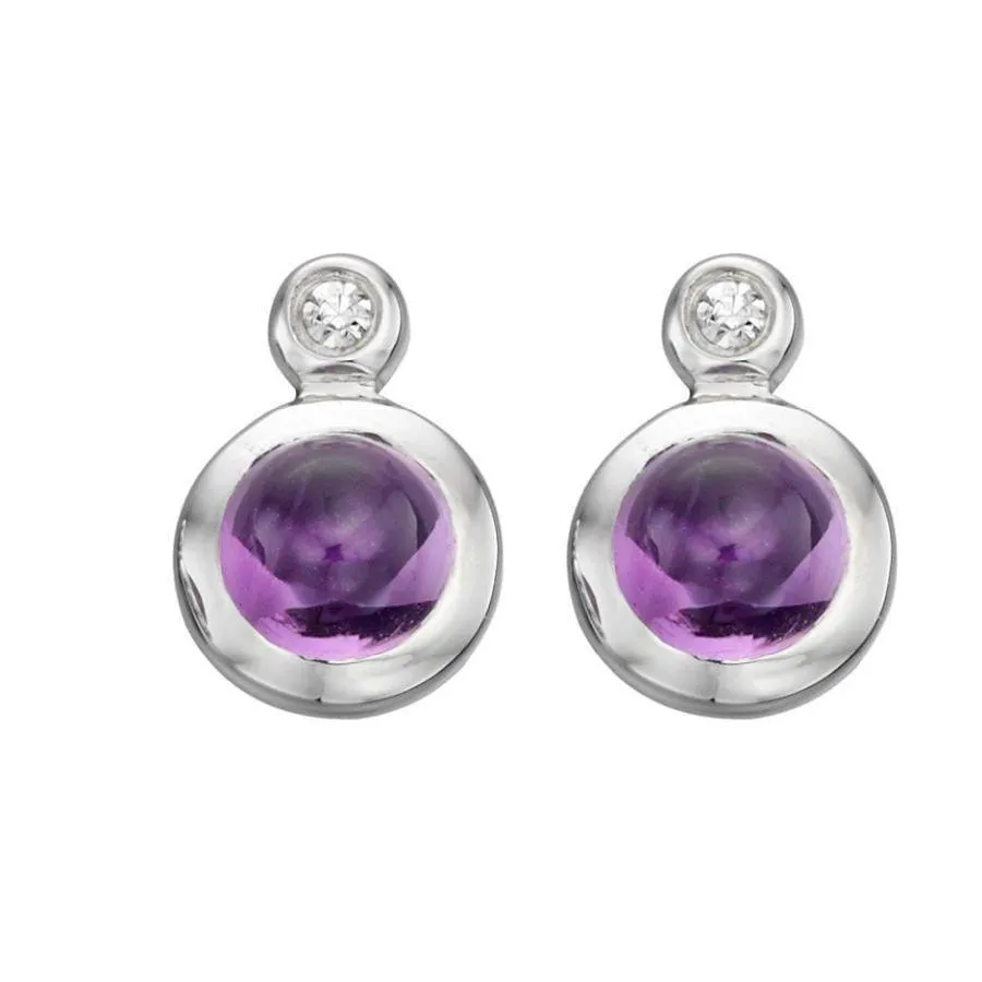 9ct White Gold Rubover Set Round Cut Amethyst & Diamond Stud Earrings