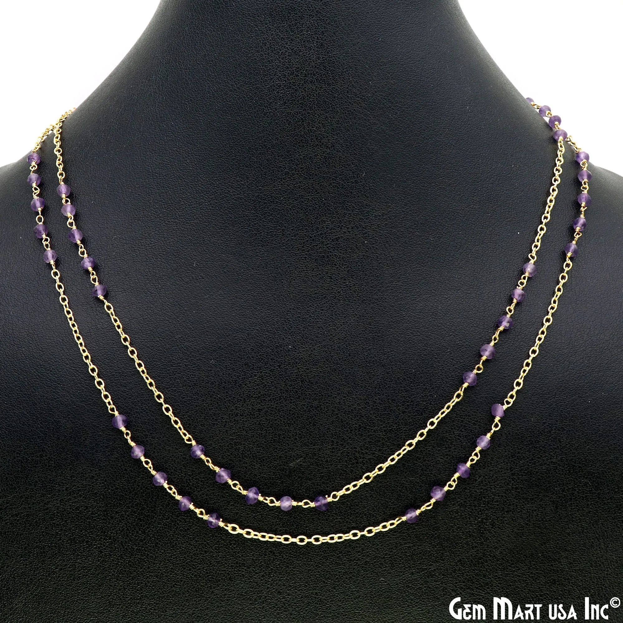 Amethyst Faceted Beads 3-3.5mm Gold Plated Wire Wrapped Rosary Chain