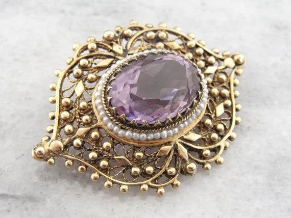 Amethyst in Seed Pearl and Filigree Frame, Pin or Pendant