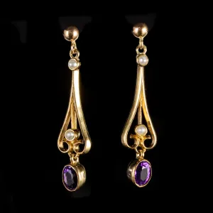 Amethyst Pearl Drop Earrings 9Ct Gold