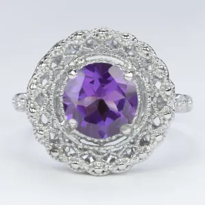 AMETHYST STERLING SILVER RING VINTAGE STYLE FILIGREE HALO ROUND CUT ART DECO