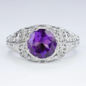 AMETHYST VINTAGE STYLE SOLITAIRE RING STERLING SILVER FILIGREE ART DECO PURPLE