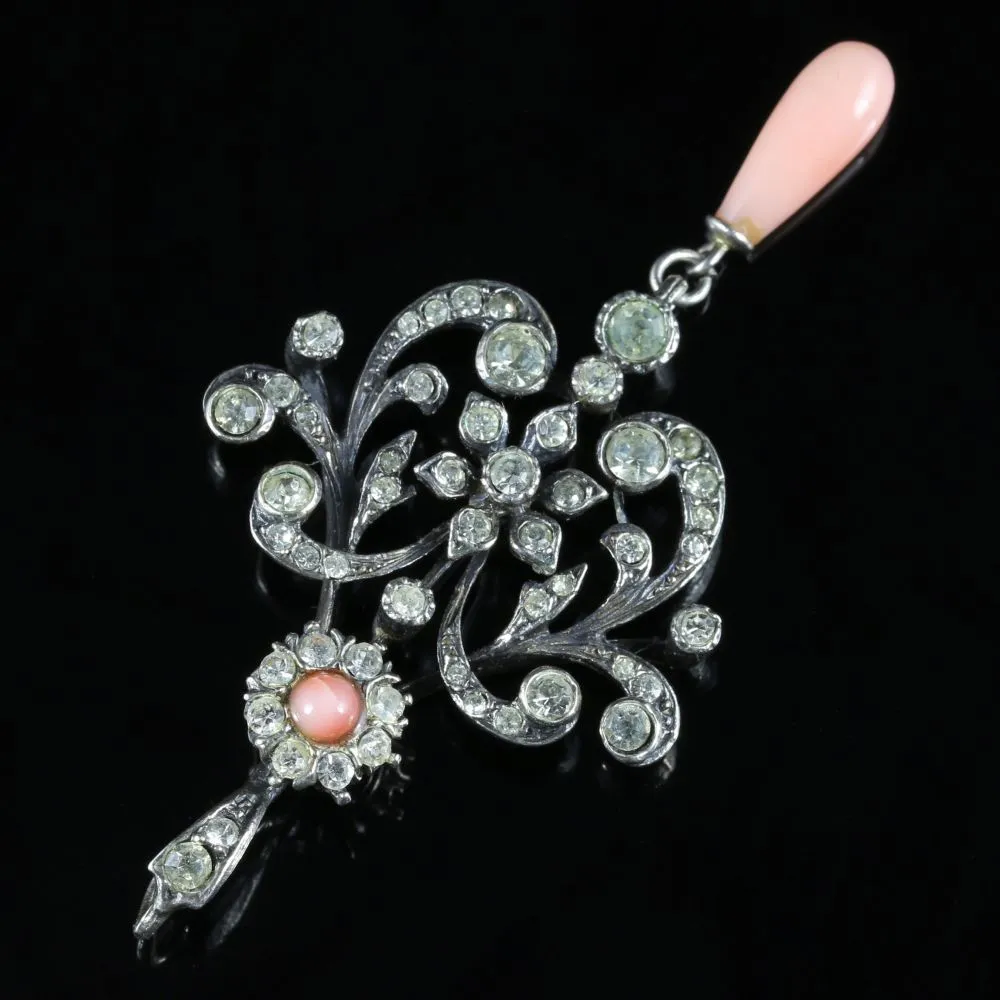 Antique Edwardian Coral Silver Paste Pendant Circa 1910