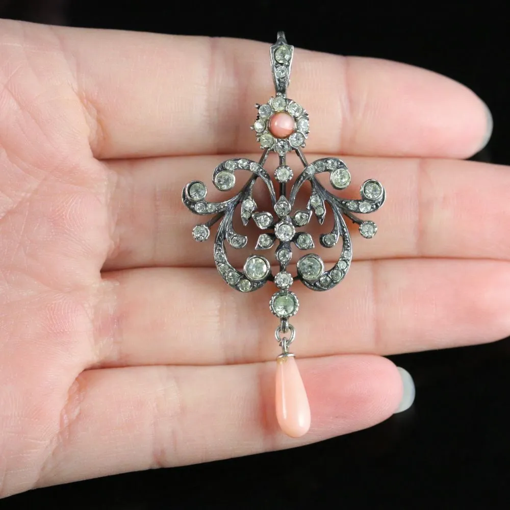 Antique Edwardian Coral Silver Paste Pendant Circa 1910